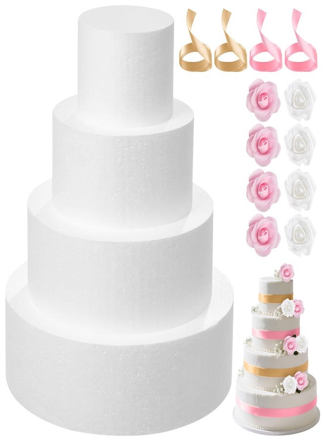PLULON 4 Tiers Foam Cake Dummies Set 4" 6" 8" 10", PLULON White Round Practice Cake Dummy 12 Inch Tall with Artificial Roses and Ribbons for Wedding Baby Shower Birthday Anniversary Christmas Party Supplies - Image 1