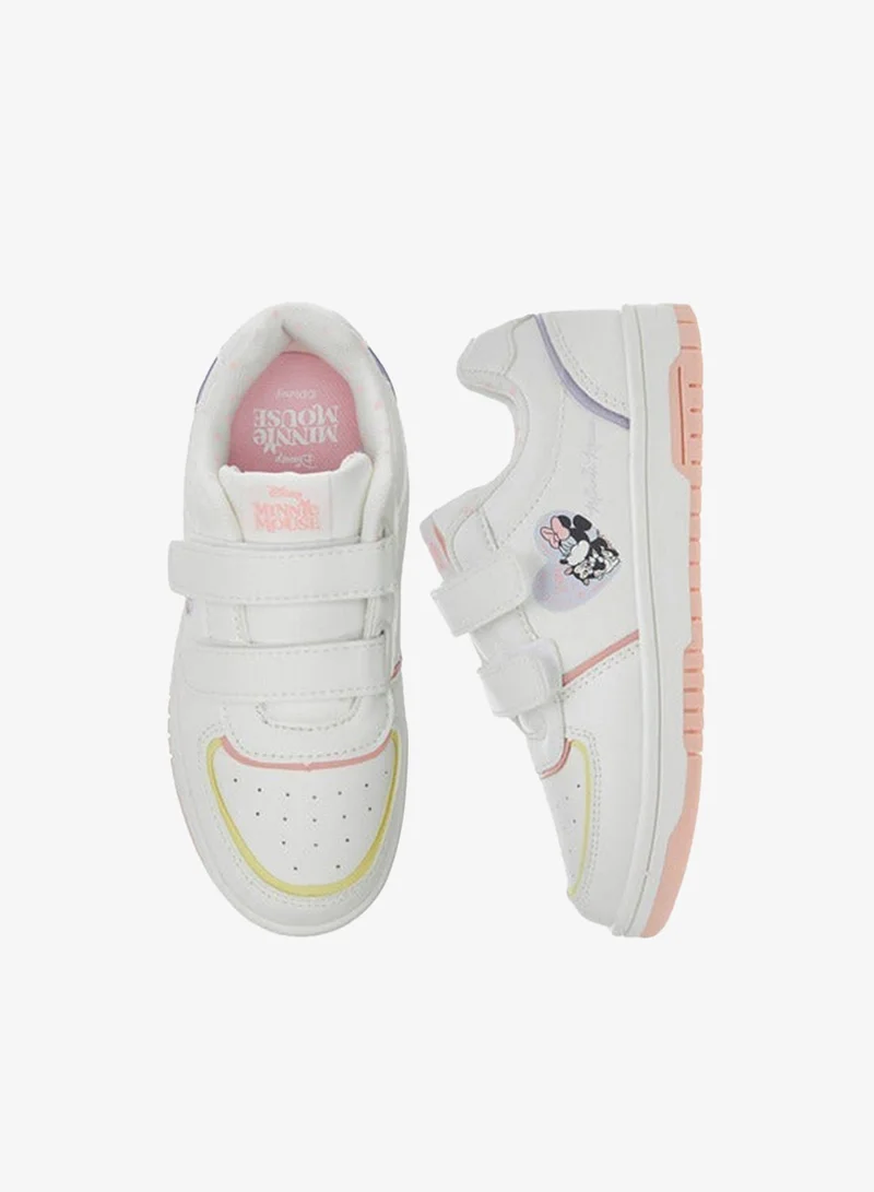 Disney Girls Minnie Mouse Print Sneakers with Hook and Loop Closure