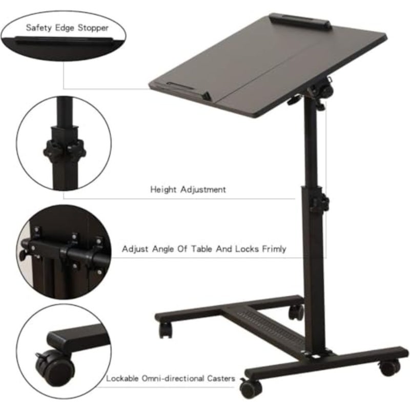Over Bed Table with Wheels Adjustable Rolling Laptop Table Overbed Desk Hospital Tray Table Sofa Chair Side Table for Home Office Black - Image 5