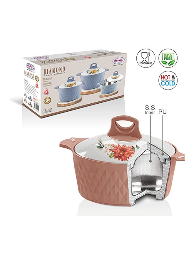 Asian Casserole Diamond Set Of 3 Pcs 1.0 L, 1.5 L, 2.5 L Stainless Steel Insulated Hotpot Food Warmer Brown - Image 5