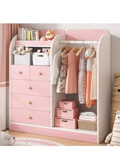 Generic Kids Wardrobe﻿ Kids Clothing Rack Freestanding Half-Open Clothes Rack Baby Storage Cabinet with 5 Drawer Wooden Wardrobe Closet with Hanging Rods Storage Cupboard for Bedrooms,Entrances（Pink）  - Image 1