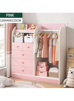 Generic Kids Wardrobe﻿ Kids Clothing Rack Freestanding Half-Open Clothes Rack Baby Storage Cabinet with 5 Drawer Wooden Wardrobe Closet with Hanging Rods Storage Cupboard for Bedrooms,Entrances（Pink）  - Image 2
