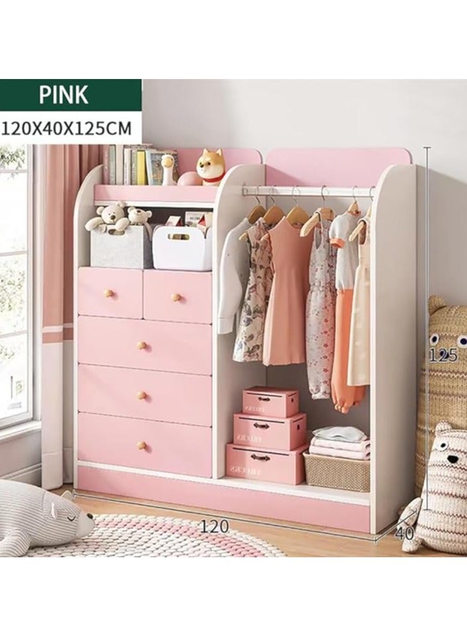 Generic Kids Wardrobe﻿ Kids Clothing Rack Freestanding Half-Open Clothes Rack Baby Storage Cabinet with 5 Drawer Wooden Wardrobe Closet with Hanging Rods Storage Cupboard for Bedrooms,Entrances（Pink）  - Image 2