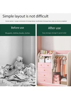 Generic Kids Wardrobe﻿ Kids Clothing Rack Freestanding Half-Open Clothes Rack Baby Storage Cabinet with 5 Drawer Wooden Wardrobe Closet with Hanging Rods Storage Cupboard for Bedrooms,Entrances（Pink）  - Image 3