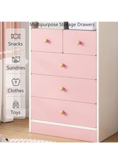 Generic Kids Wardrobe﻿ Kids Clothing Rack Freestanding Half-Open Clothes Rack Baby Storage Cabinet with 5 Drawer Wooden Wardrobe Closet with Hanging Rods Storage Cupboard for Bedrooms,Entrances（Pink）  - Image 5