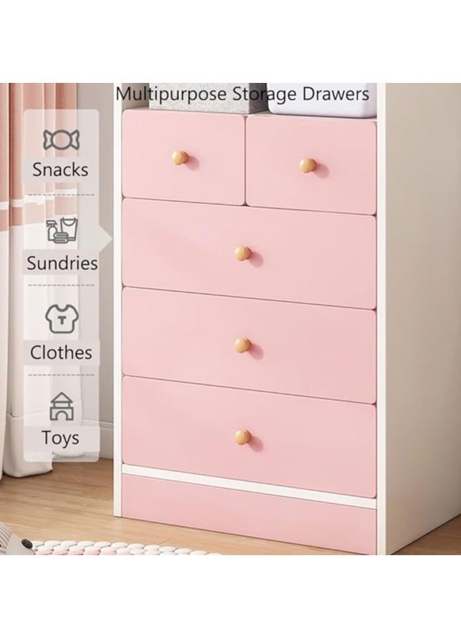 Generic Kids Wardrobe﻿ Kids Clothing Rack Freestanding Half-Open Clothes Rack Baby Storage Cabinet with 5 Drawer Wooden Wardrobe Closet with Hanging Rods Storage Cupboard for Bedrooms,Entrances（Pink）  - Image 5