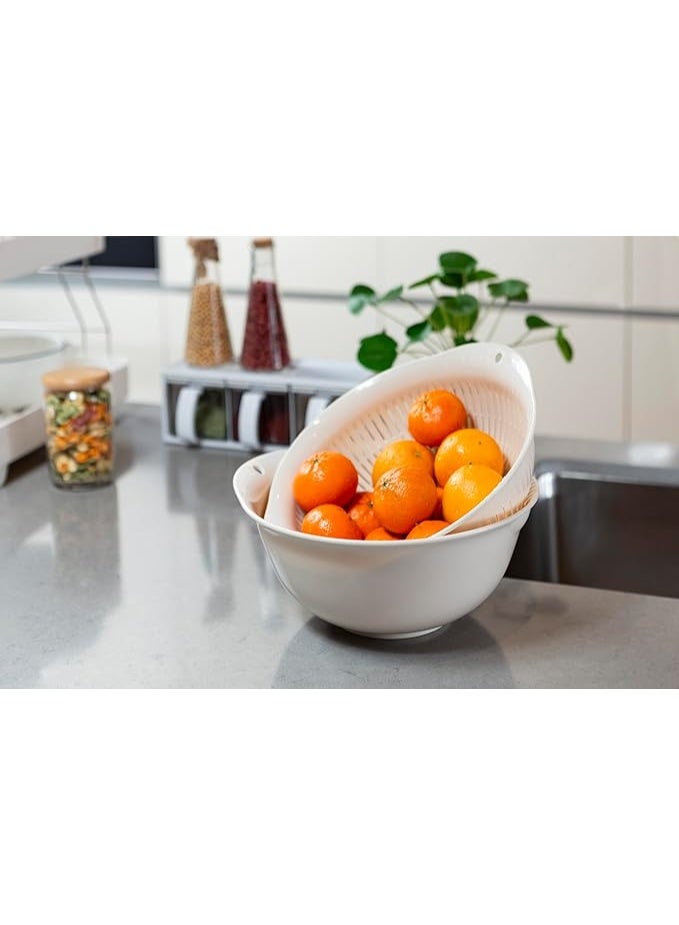 بروماس سلة تصفية مزدوجة الطبقات مع وعاء – مصفاة دوارة لغسل الفواكه والخضروات والأرز والمعكرونة، أداة مطبخ بلاستيكية متينة - Image 2