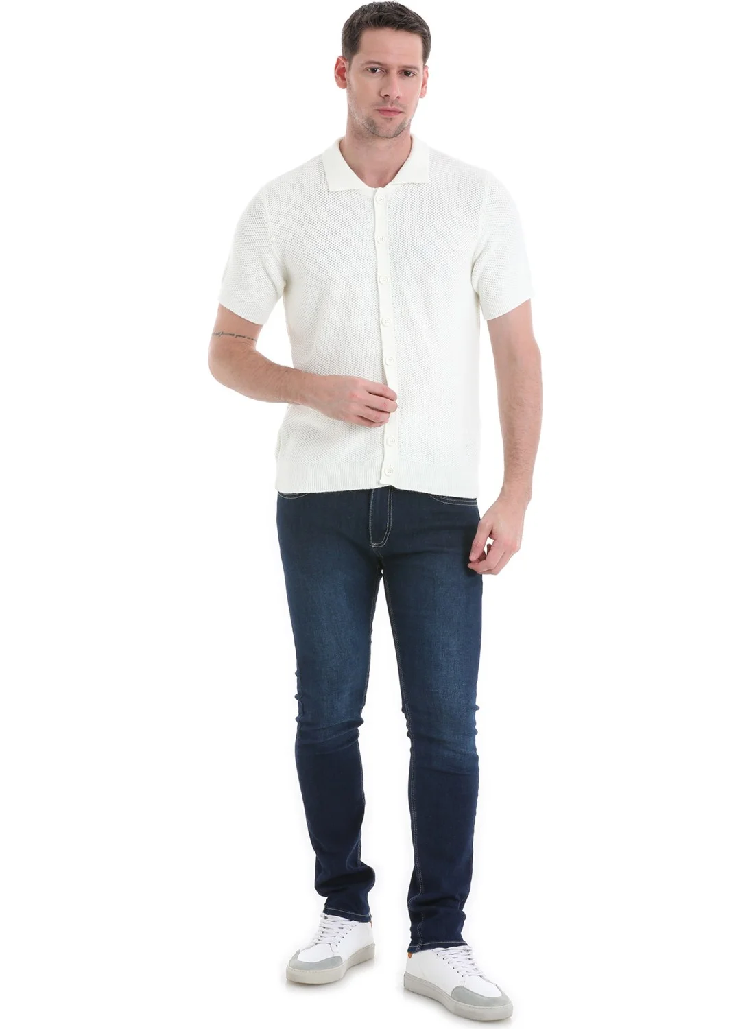 Hatemoğlu Ecru Regular Fit Plain Buttoned Short Sleeve Knitted Cardigan