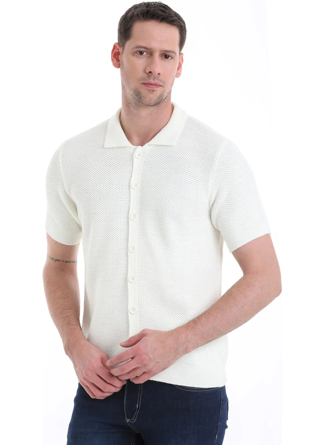 Hatemoğlu Ecru Regular Fit Plain Buttoned Short Sleeve Knitted Cardigan