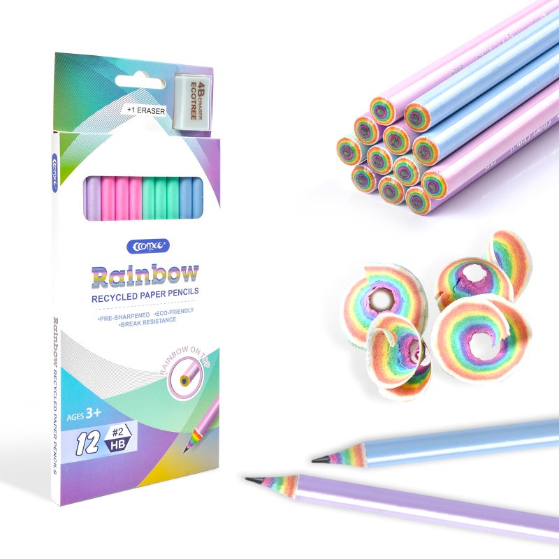 ECOTREE Easter Basket Stuffers for Teens, Eco-friendly Wood & Plastic Free Rainbow Recycled Paper #2 HB Pencils For School and Office Supplies, Pre-sharpened,12-Pack - Image 2