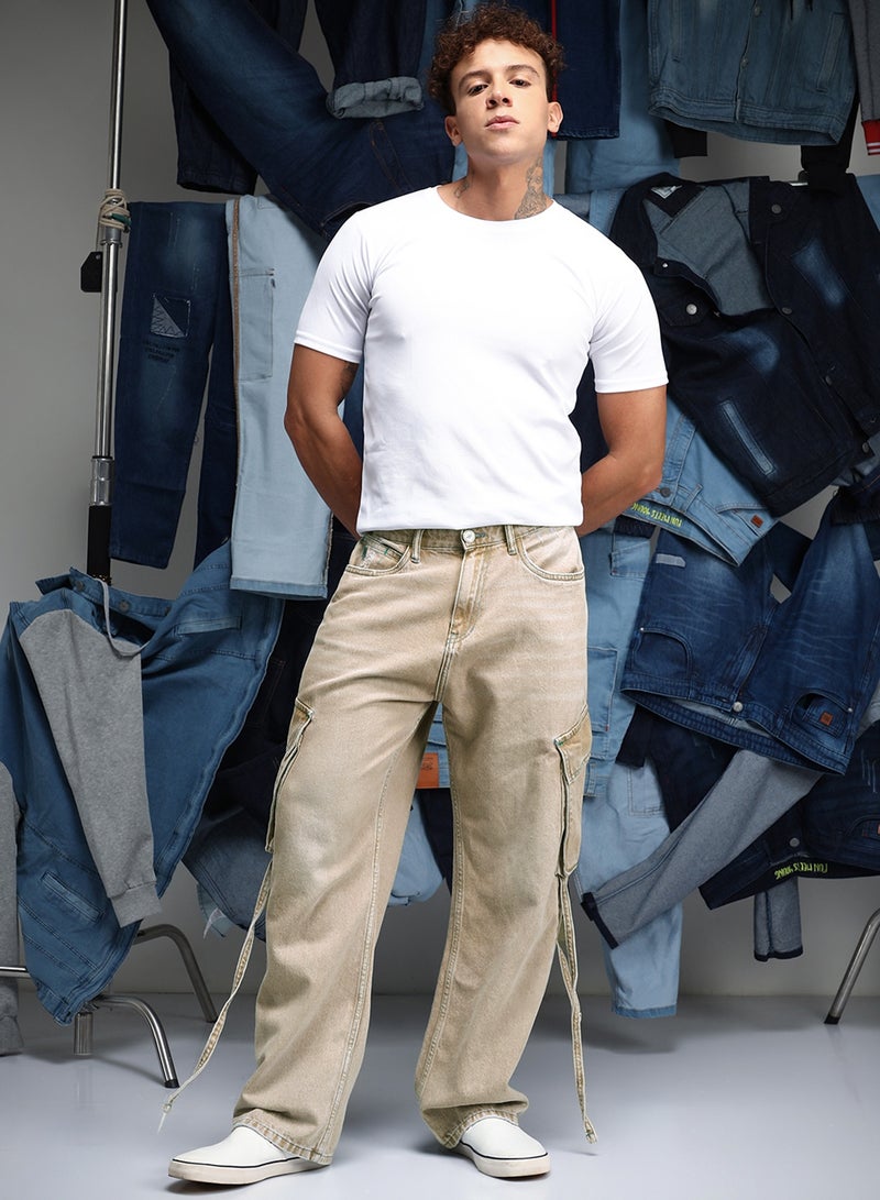 Campus Sutra Men Baggy Utility Denim Jeans | Mid-Rise Baggy-Fit | Button Closure Straight Hem | Solid Twill | Woven Fabric For Street & Casual Wear | Beige - Image 5