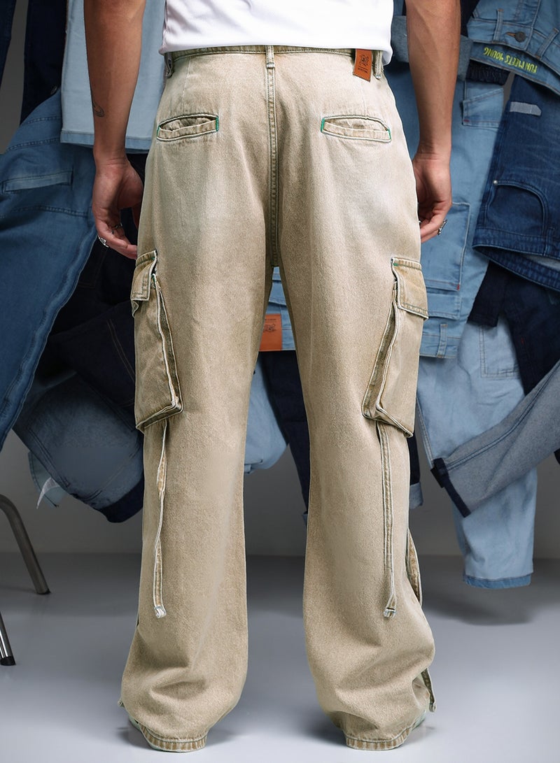 Campus Sutra Men Baggy Utility Denim Jeans | Mid-Rise Baggy-Fit | Button Closure Straight Hem | Solid Twill | Woven Fabric For Street & Casual Wear | Beige - Image 4