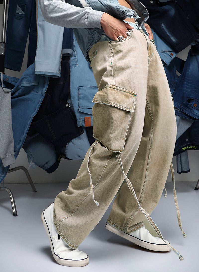 Campus Sutra Men Baggy Utility Denim Jeans | Mid-Rise Baggy-Fit | Button Closure Straight Hem | Solid Twill | Woven Fabric For Street & Casual Wear | Beige - Image 1