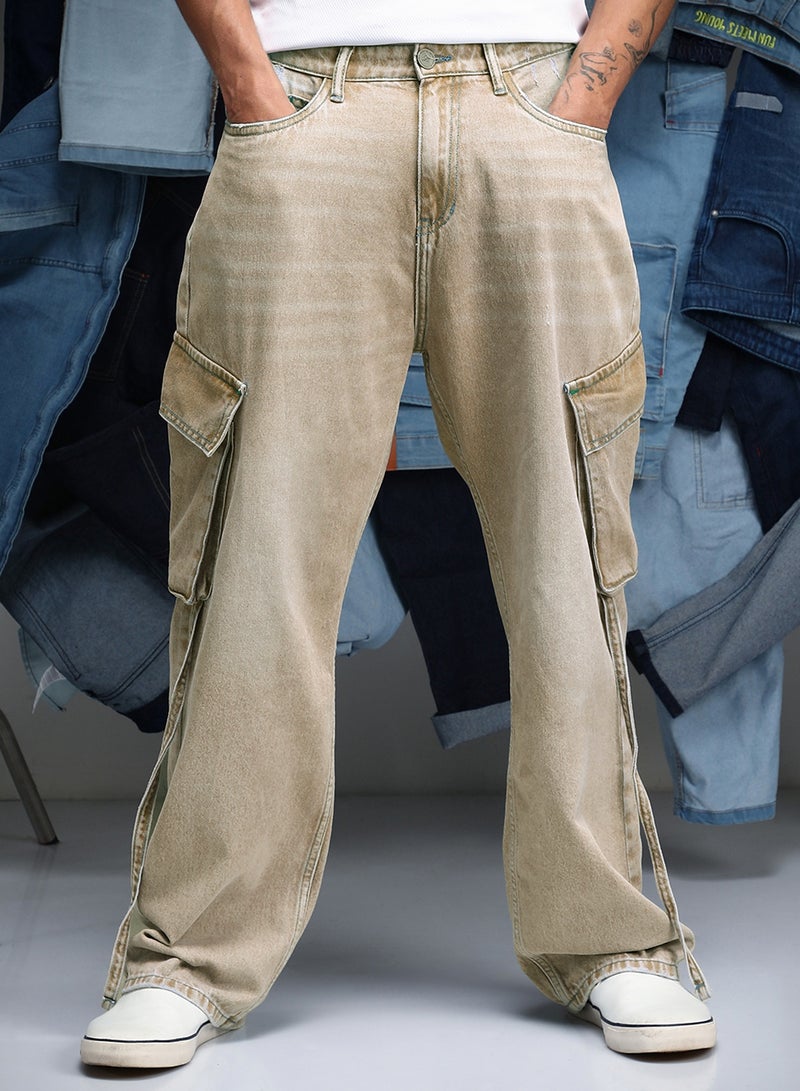 Campus Sutra Men Baggy Utility Denim Jeans | Mid-Rise Baggy-Fit | Button Closure Straight Hem | Solid Twill | Woven Fabric For Street & Casual Wear | Beige - Image 2