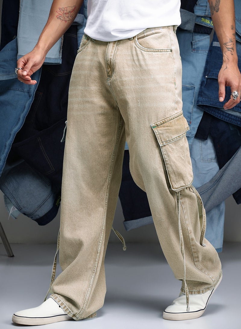 Campus Sutra Men Baggy Utility Denim Jeans | Mid-Rise Baggy-Fit | Button Closure Straight Hem | Solid Twill | Woven Fabric For Street & Casual Wear | Beige - Image 3