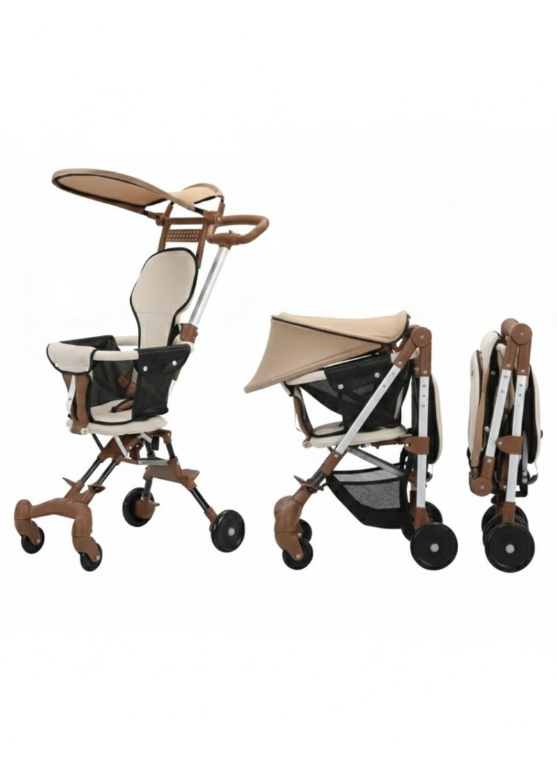 Foldable Baby Stroller with Canopy – Lightweight Push Ride-On with 360° Wheels-Brown - Image 2