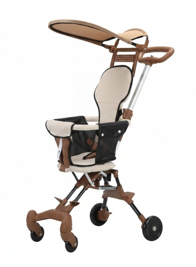 Foldable Baby Stroller with Canopy – Lightweight Push Ride-On with 360° Wheels-Brown - Image 1