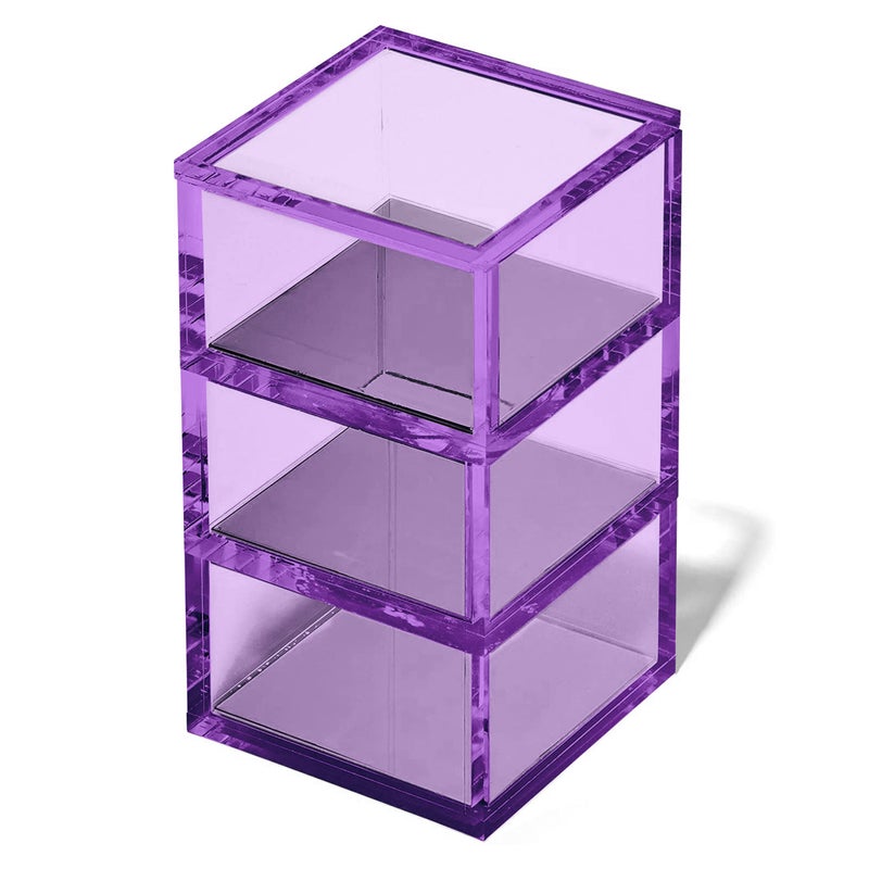 OfficeGoods 3-Tier Stackable Acrylic Holder- Stylish Desk Organizer and Storage for Office or Home â€“ Transparent Square Design, Purple with Silver Metal Base - Image 1