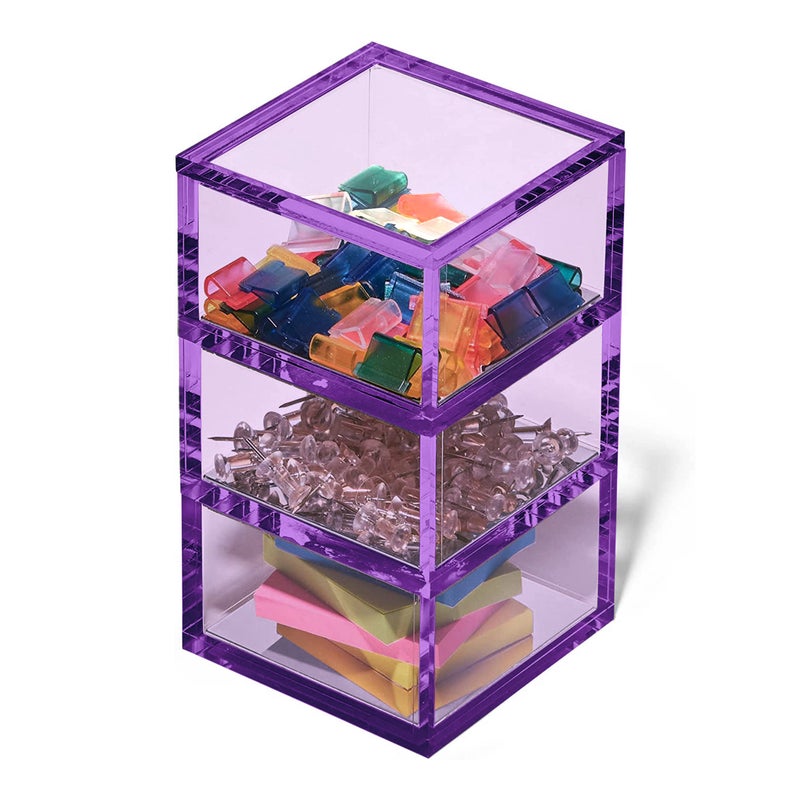 OfficeGoods 3-Tier Stackable Acrylic Holder- Stylish Desk Organizer and Storage for Office or Home â€“ Transparent Square Design, Purple with Silver Metal Base - Image 2