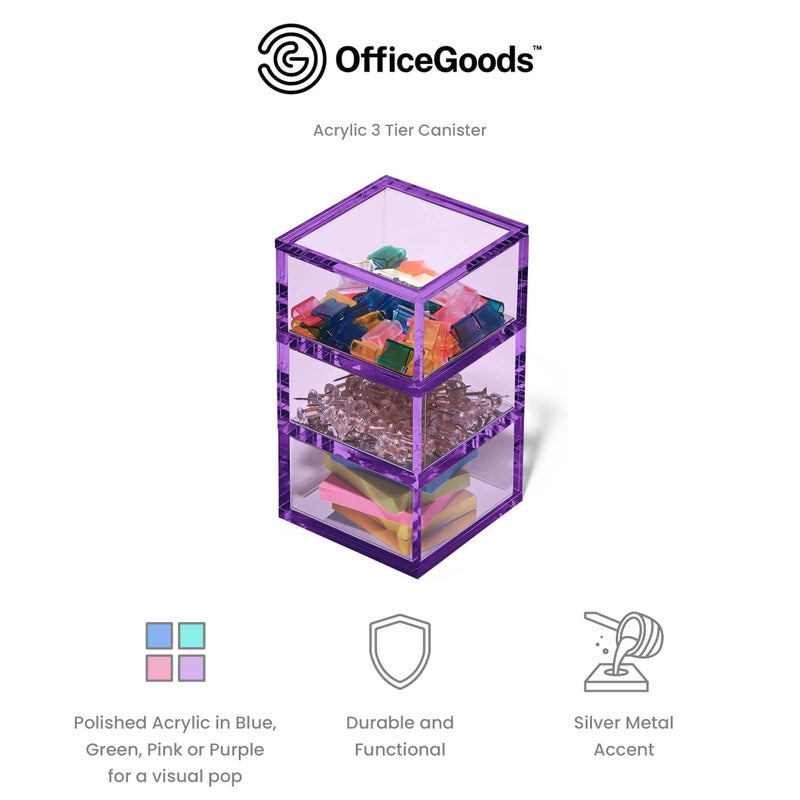 OfficeGoods 3-Tier Stackable Acrylic Holder- Stylish Desk Organizer and Storage for Office or Home â€“ Transparent Square Design, Purple with Silver Metal Base - Image 5