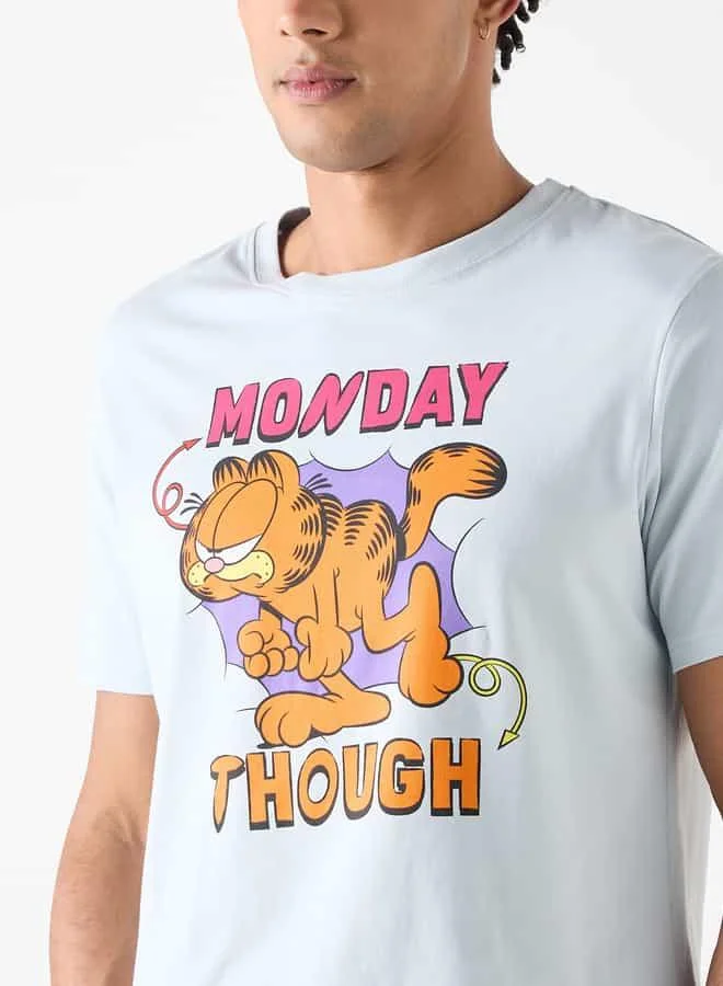 SP Characters Garfield Print Crew Neck T-shirt with Short Sleeves