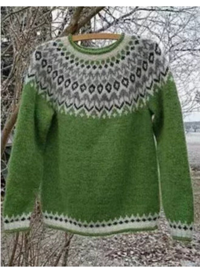 general Womens Fall Vintage Fair Isle Sweater Casual Loose Long Sleeve Crewneck Knitted Pullover Sweater Tops - Image 1