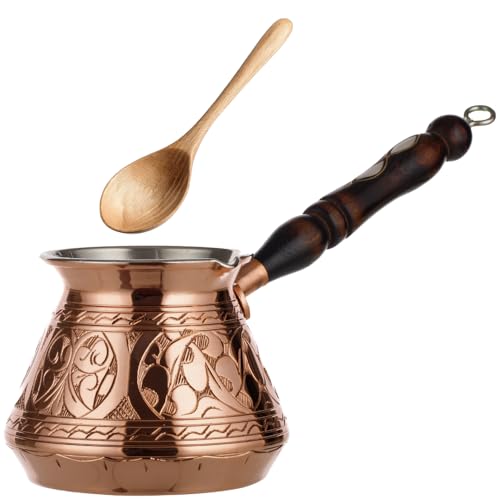 DEMMEX 15 oz Large Copper Turkish Coffee Pot Cezve Ibrik Greek Coffee Briki Stovetop Coffee Maker with Wooden Handle Spoon 1mm Thick Copper Handmade Engraved in TURKEY 6 Servings - Image 1