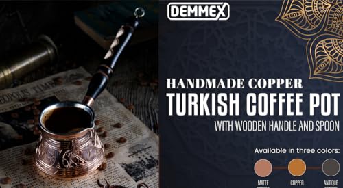 DEMMEX 15 oz Large Copper Turkish Coffee Pot Cezve Ibrik Greek Coffee Briki Stovetop Coffee Maker with Wooden Handle Spoon 1mm Thick Copper Handmade Engraved in TURKEY 6 Servings - Image 3