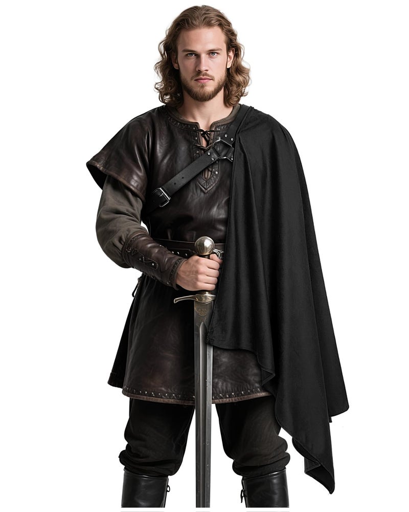 L'VOW Men's One Shoulder Cape Shawl Medieval Cloak with Belt LARP Warrior Samurai Cape Halloween Dune Costume(Black) - Image 1