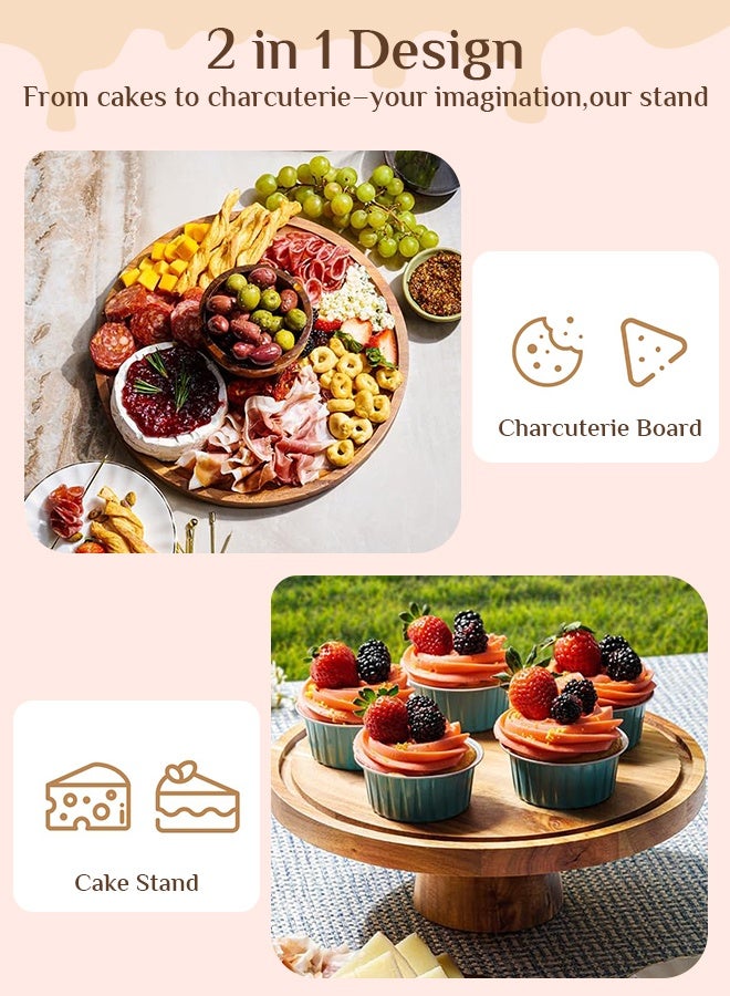 Solerconm Acacia Wood Cake Stand with Metal Base, Round Dessert Display Stand for Cake, Cupcakes, Pastries, Kitchen and Party Decoration - Image 3