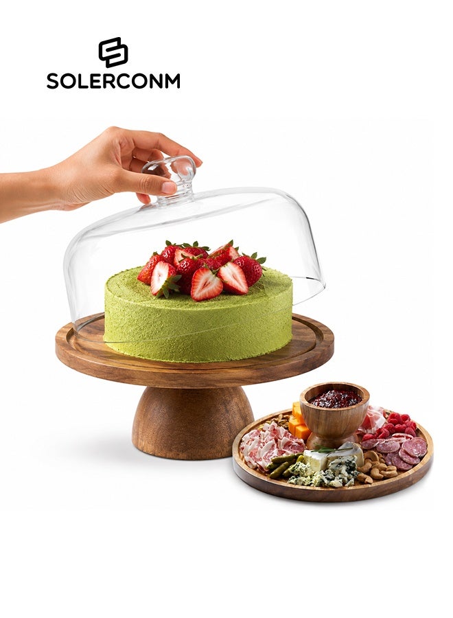 Solerconm Acacia Wood Cake Stand with Metal Base, Round Dessert Display Stand for Cake, Cupcakes, Pastries, Kitchen and Party Decoration - Image 1