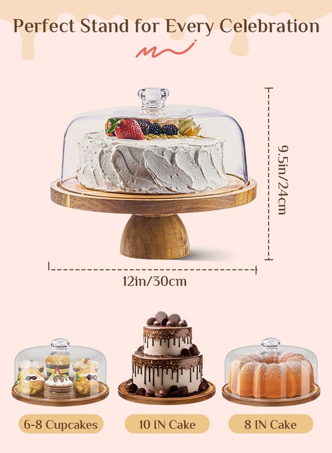 Solerconm Acacia Wood Cake Stand with Metal Base, Round Dessert Display Stand for Cake, Cupcakes, Pastries, Kitchen and Party Decoration - Image 2