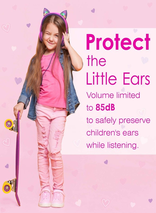 FosPower Kids Headphones (Max 85dB) 3.5mm On Ear Stereo Headset with Light Up Cat Ears for Kids - Hot Pink/Purple - Image 4