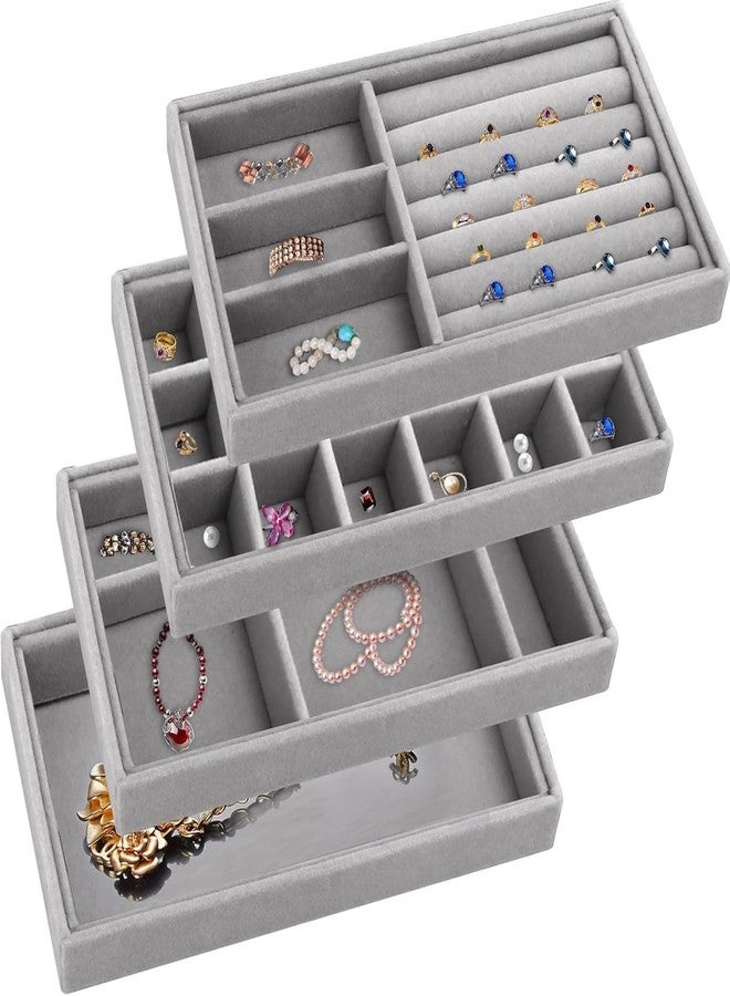 Whimsical Stackable Velvet Jewelry Trays Organizer for Drawers, Small Jewelry Drawer Organizer Display Tray for Earring Ring Watch Bangle Bracelet Necklace, Set of 4, Gray - Image 1