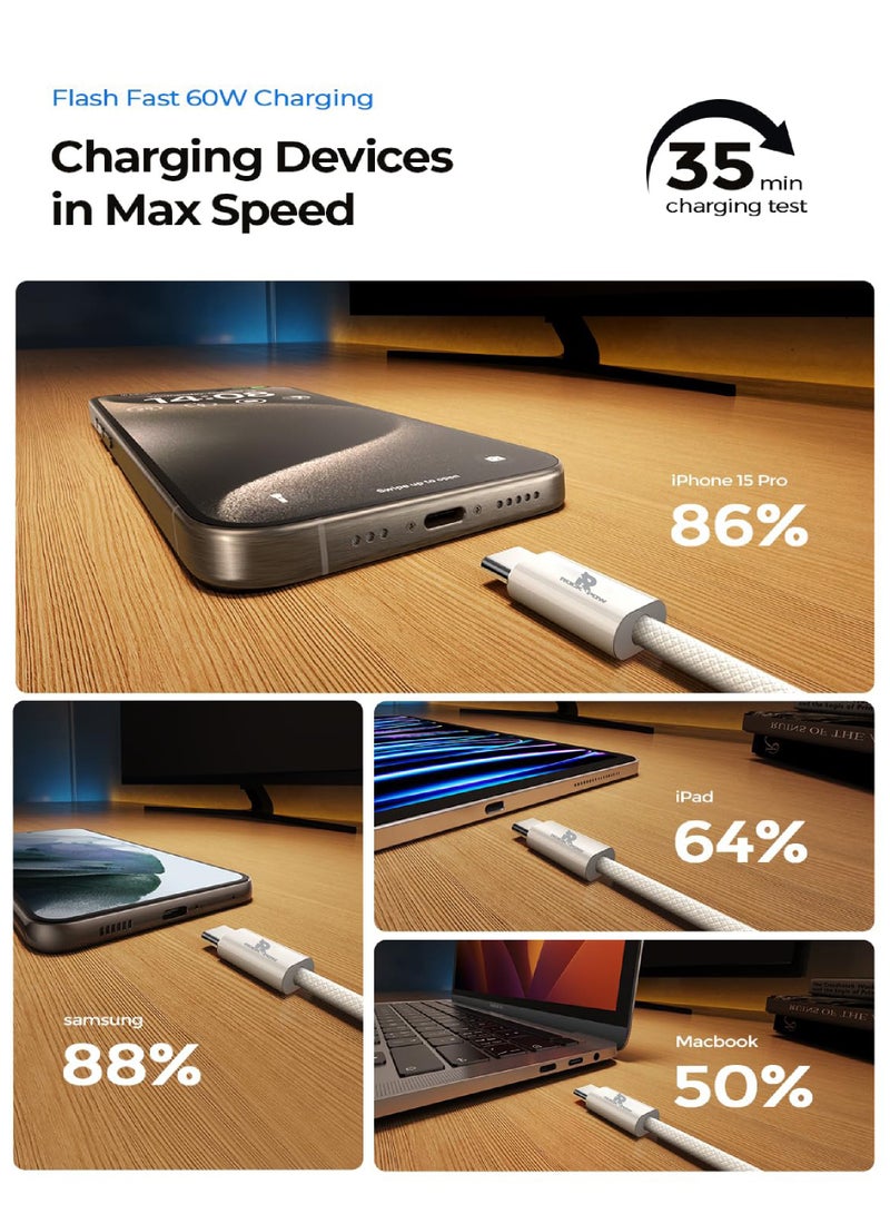 Rock Pow 2 Pcs USB C Cable 2M, 66W Power Delivery PD Fast charge Cable USB C to USB C for iPhone 15 Pro/15 Pro Max/15/15 Plus, iPad mini 6, MacBook Pro/Air, iPad Pro, Samsung S23+, Huawei P60, etc white  - Image 3