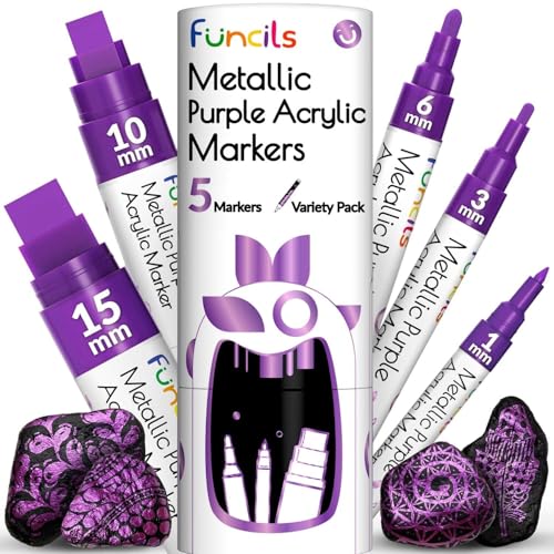 Funcils 5 Metallic Acrylic Purple Paint Pen - Extra Fine Tip, Thin & Jumbo (1mm, 3mm, 6mm, 10mm, 15mm) - Markers for Fabric, Metal, Plastic, Canvas, Wood, Rock Painting, Glass, Purple Permanent Marker - Image 1