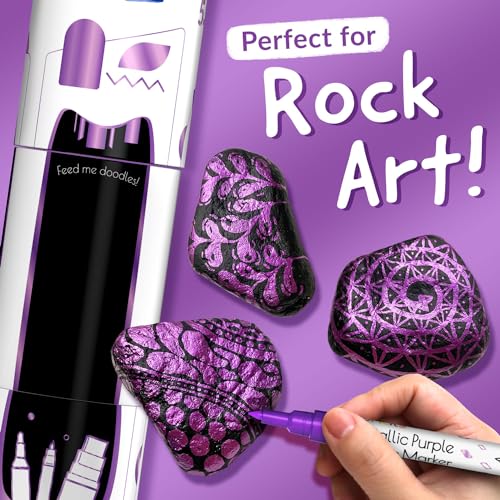 Funcils 5 Metallic Acrylic Purple Paint Pen - Extra Fine Tip, Thin & Jumbo (1mm, 3mm, 6mm, 10mm, 15mm) - Markers for Fabric, Metal, Plastic, Canvas, Wood, Rock Painting, Glass, Purple Permanent Marker - Image 3