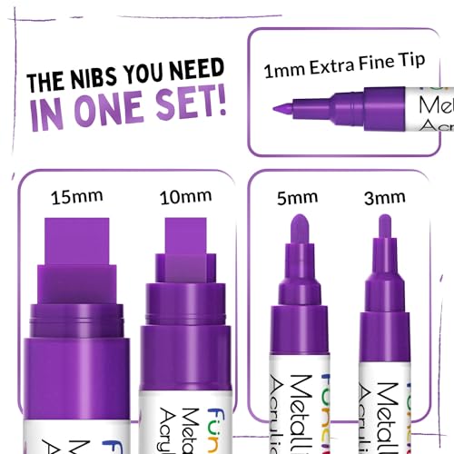 Funcils 5 Metallic Acrylic Purple Paint Pen - Extra Fine Tip, Thin & Jumbo (1mm, 3mm, 6mm, 10mm, 15mm) - Markers for Fabric, Metal, Plastic, Canvas, Wood, Rock Painting, Glass, Purple Permanent Marker - Image 2