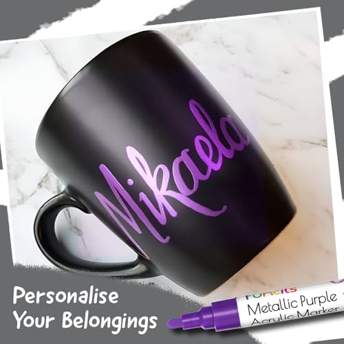 Funcils 5 Metallic Acrylic Purple Paint Pen - Extra Fine Tip, Thin & Jumbo (1mm, 3mm, 6mm, 10mm, 15mm) - Markers for Fabric, Metal, Plastic, Canvas, Wood, Rock Painting, Glass, Purple Permanent Marker - Image 5