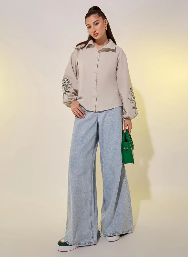 تايك تو قميص بأكمام بالون وطبعة زهور