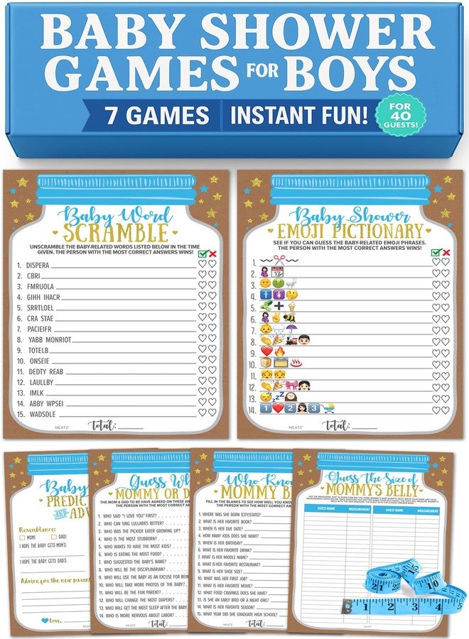 نيتز ألعاب نيتز لحفل استقبال المولود الجديد (ولد) - 7 ألعاب ممتعة فورية - بطاقات توقعات المولود، لعبة تخمين من هو الأب أو الأم، لعبة ترتيب الكلمات، بطاقات نصائح، لعبة الرسم والتخمين، لعبة معرفة حجم بطن الأم، لعبة حفل استقبال المولود - Image 1