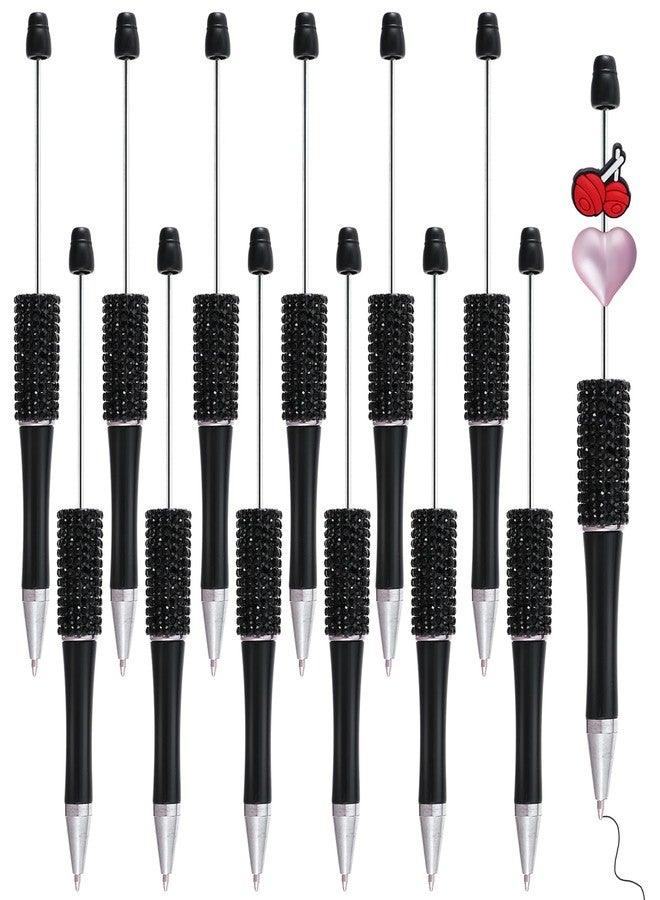 phnydreg 12 Pcs Rhinestones Beadable Pens Plastic Black Ink Beadable Pens for Gift Making Kits Children Students Office School DIY Supplies (Black) - Image 1