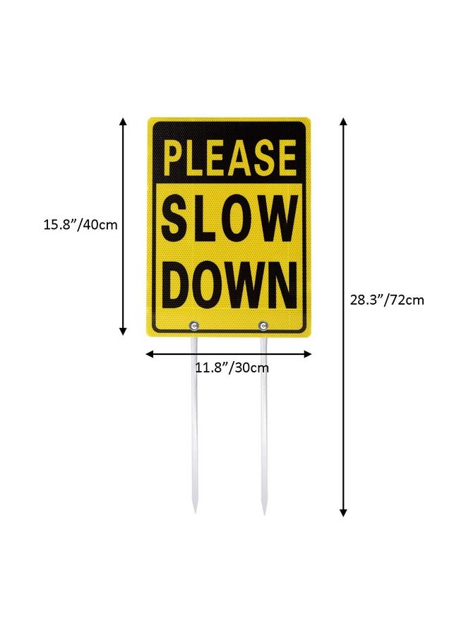 Kichwit Double Sided Aluminum Please Slow Down Sign Reflective Metal Sign With Stakes, Sign Measures 11.8" X 15.8", 14" Long Metal Stakes Included  - Image 2