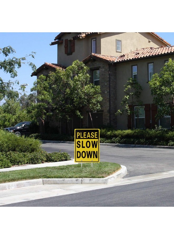 Kichwit Double Sided Aluminum Please Slow Down Sign Reflective Metal Sign With Stakes, Sign Measures 11.8" X 15.8", 14" Long Metal Stakes Included  - Image 4