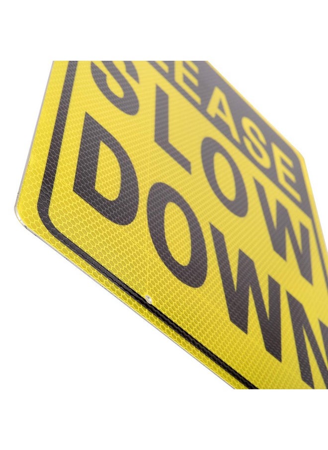 Kichwit Double Sided Aluminum Please Slow Down Sign Reflective Metal Sign With Stakes, Sign Measures 11.8" X 15.8", 14" Long Metal Stakes Included  - Image 3
