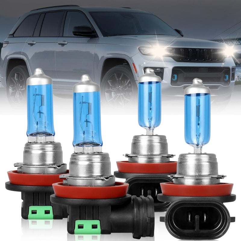 NSDXCT H11 High Performance Halogen Headlight Bulb For Jeep Grand Cherokee 2017 2018 2019 2020 Light Bulbs High Beam Low Beam and Fog Replacement Bulb H11 High BeamH11 Low Beam Combo 4PCS