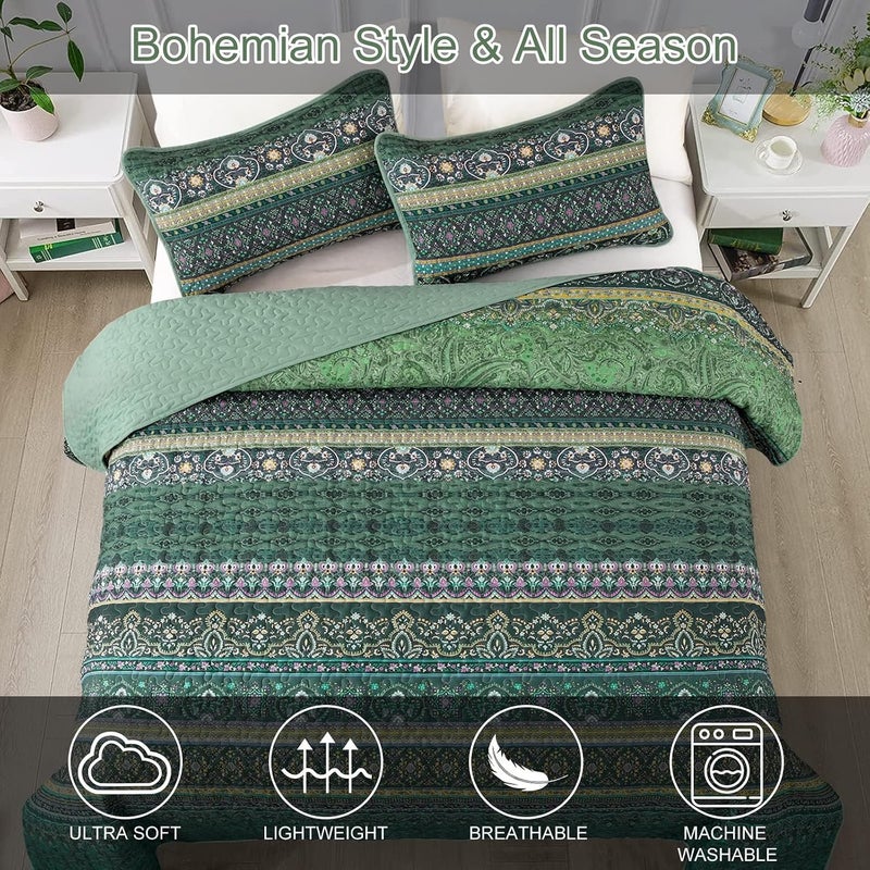 WONGS BEDDING مجموعة أغطية الأسرّة بأسلوب البوهو من WONGS، حجم توين، لون أخضر، مجموعة أغطية أسرّة بأسلوب البوهو للأسرّة المزدوجة، غطاء سرير خفيف من القطن الميكروفيبر مع أغطية للوسائد، مناسب لجميع المواسم، مقاس 68" × 86" (2 قطعة) - Image 4