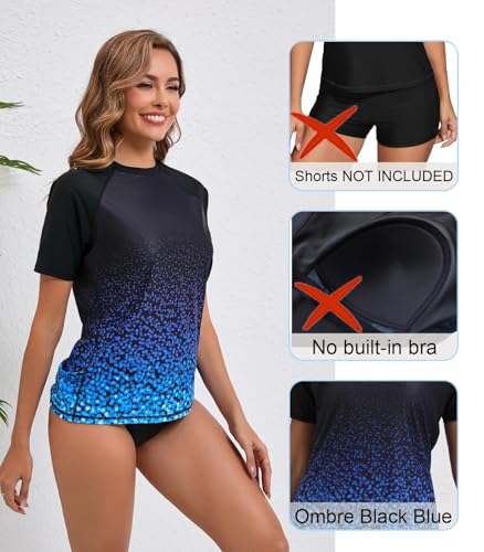 Halcurt Women's Short Sleeve Rash Guard Swimsuit Top Swim Shirt Only Swim Tee UPF50+ Quick Dry Swimsuit Ombre Black Blue M - Image 3