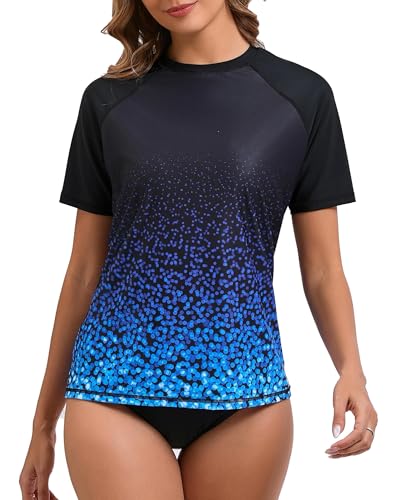 Halcurt Women's Short Sleeve Rash Guard Swimsuit Top Swim Shirt Only Swim Tee UPF50+ Quick Dry Swimsuit Ombre Black Blue M - Image 5
