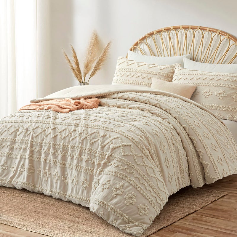 Oli Anderson Beige Queen Comforter Set Tufted Bedding Set Queen 3 Pieces, Boho Shabby Chic Comforter with 2 Pillowcases (Beige,Queen) - Image 2